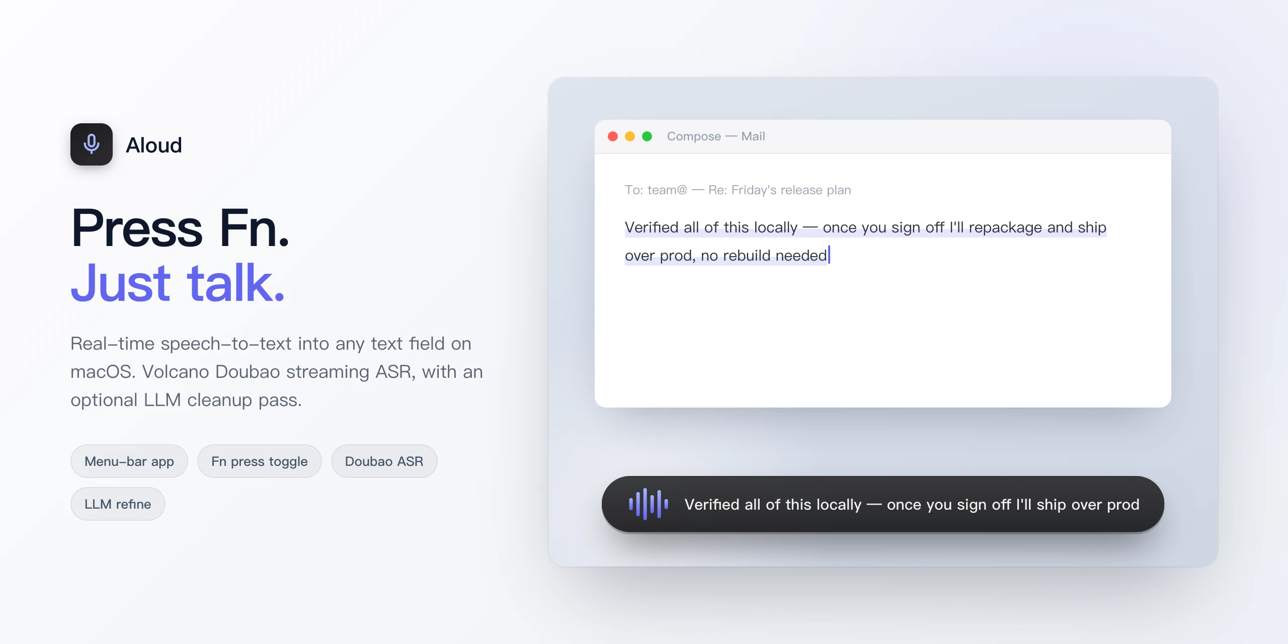 Aloud capsule overlay typing recognized speech into a Mail compose window, live