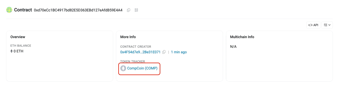 Etherscan 上 CompCoin 合约页的顶部：Overview 栏余额 0 ETH，More Info 栏显示 Contract Creator 地址与 1 min ago，下方 Token Tracker 一行用红框圈出 CompCoin (COMP)，Multichain Info 为 N/A